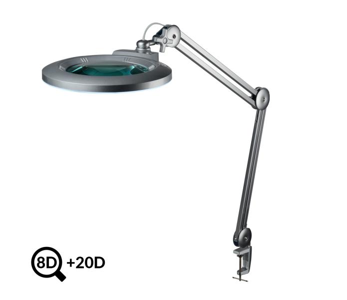 Šedá stolní LED lampa s lupou IB-178, průměr 178mm, 8D+20D
