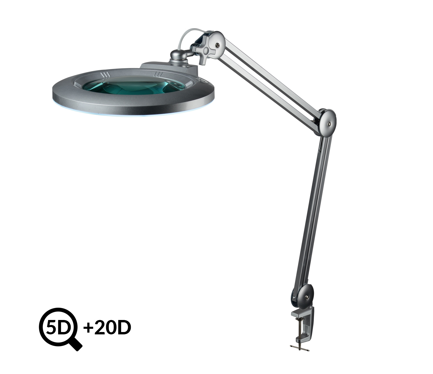 Šedá stolní lampa s lupou IB-178, průměr 178mm, 5D+20D