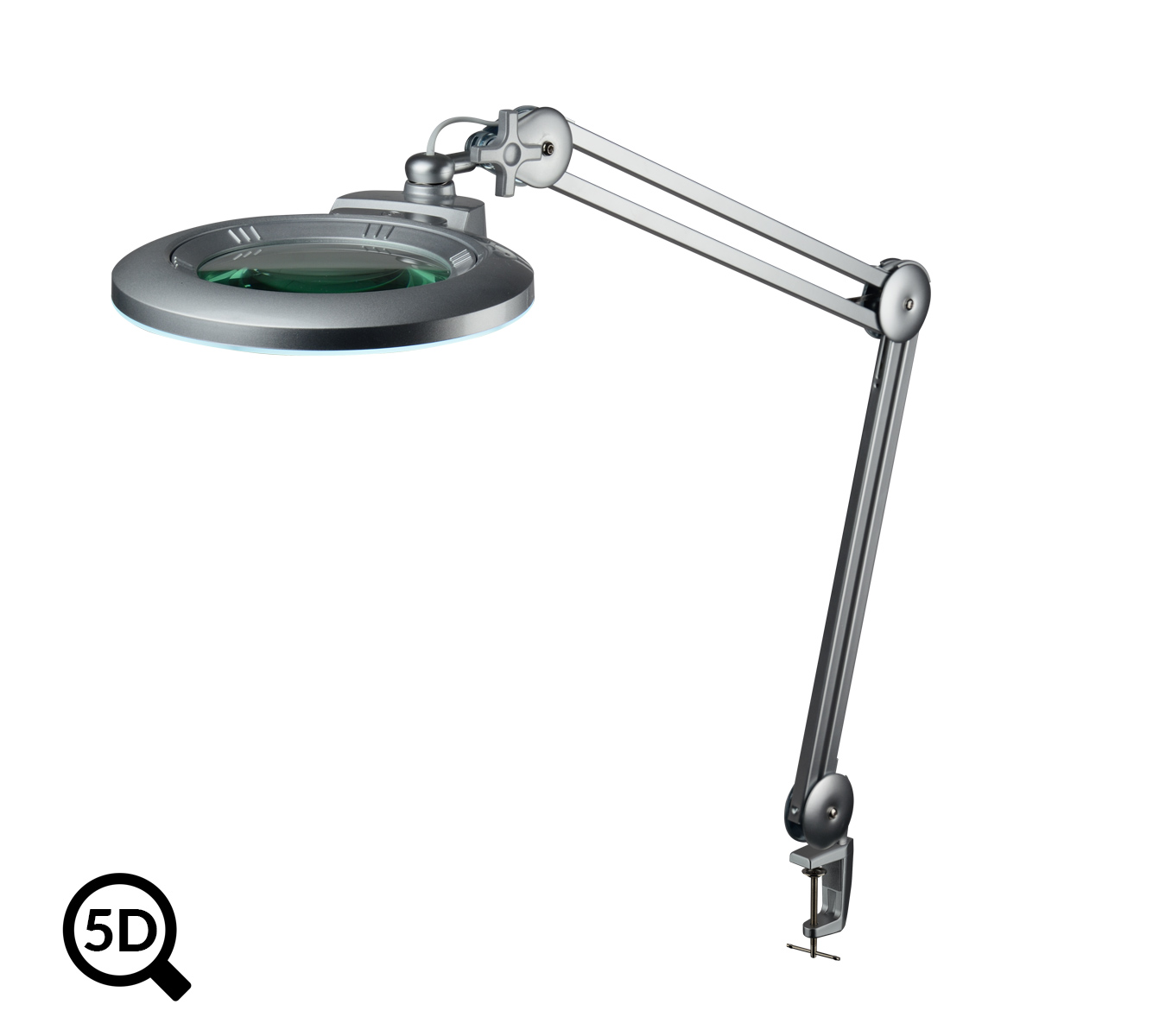 Šedá stolní lampa s lupou a regulací jasu IB-150, průměr 150mm, 5D