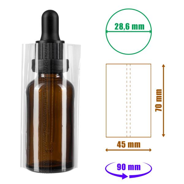 Transparentní smršťovací fólie 70x45mm s perforací na lahvičky a obaly, průměr do 28,6mm