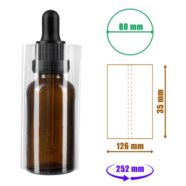 Transparentní smršťovací fólie 35x126mm s perforací na lahvičky a obaly, průměr do 80mm