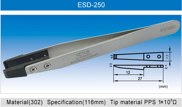 Antistatická nerezová pinzeta VETUS ESD-250 se zakončením z PPS
