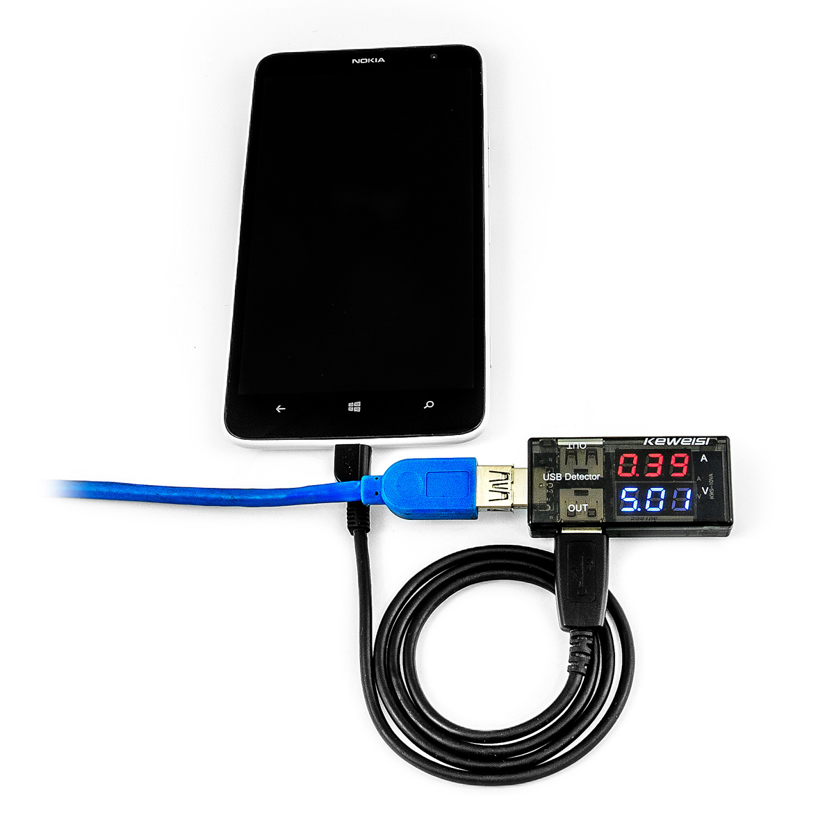 USB tester k měření napětí a proudu USB portů a úbytků a ztrát v USB kabelu